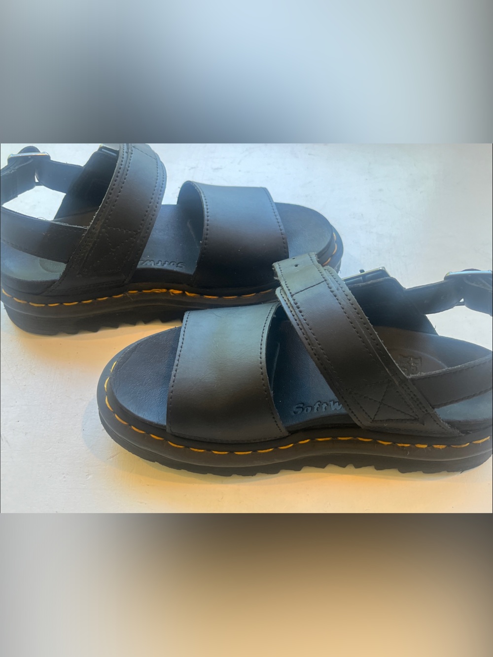 Dr. Martens Voss Black Leather Sandals with Yellow Stitching Single Strap - Picture 7 of 7